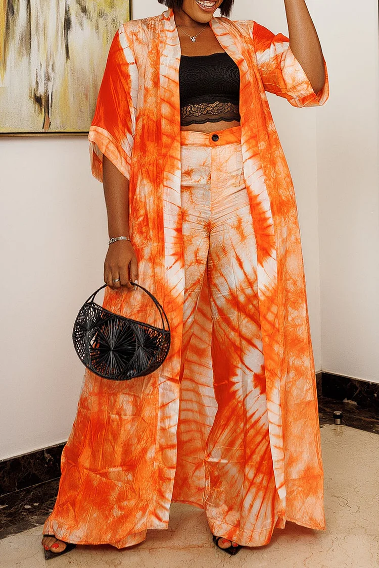 Xpluswear Plus Size Orange Casual Tie Dye Kimono Two Pieces Pant Sets 
