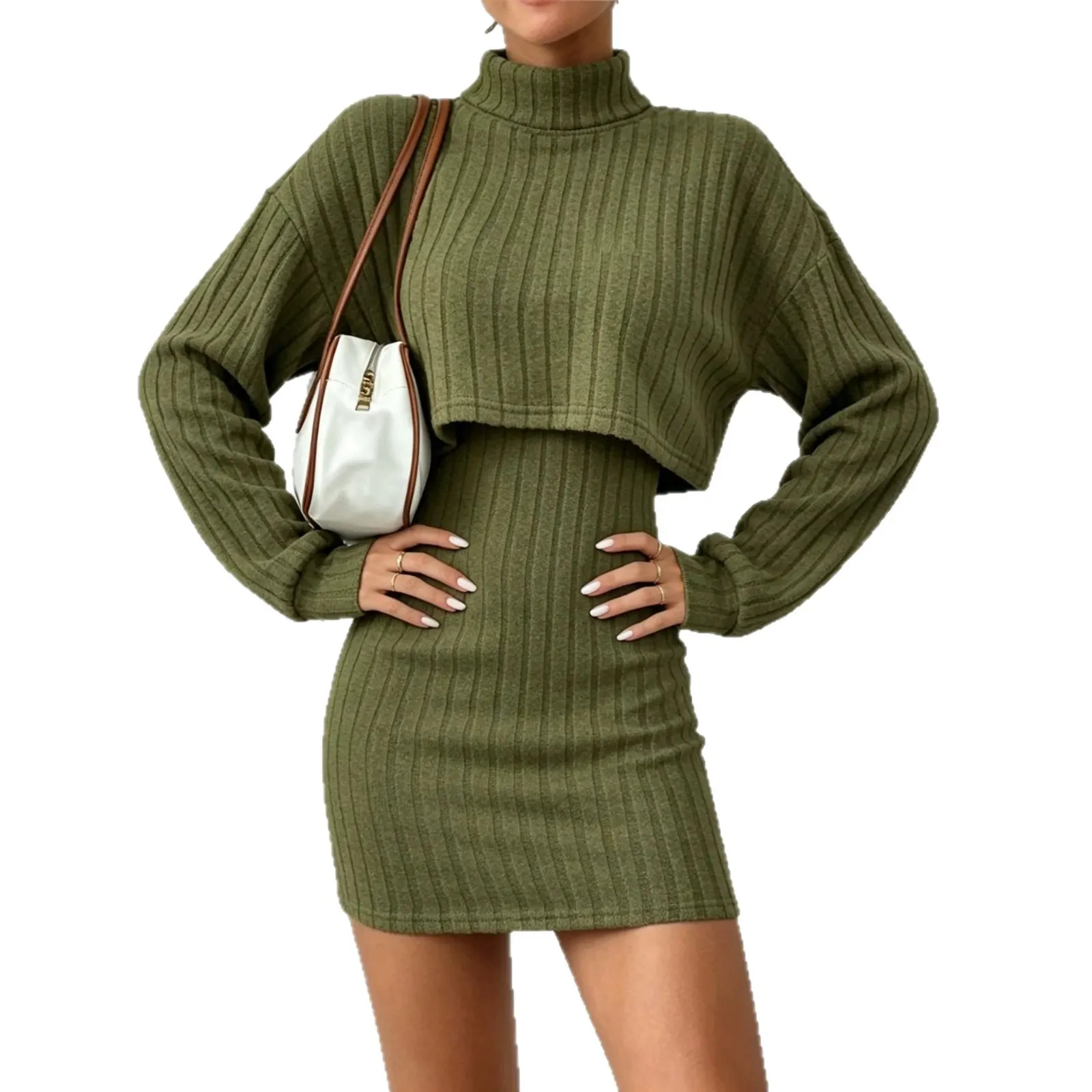 Women's Ribbed Knit Cropped Turtleneck Top + Bodycon Mini Dress Two-piece Outfit