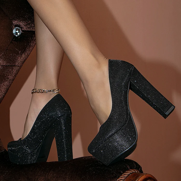 Black Sparkling Party Shoes Round Toe Platform Heels Gitter Pumps |FSJ Shoes