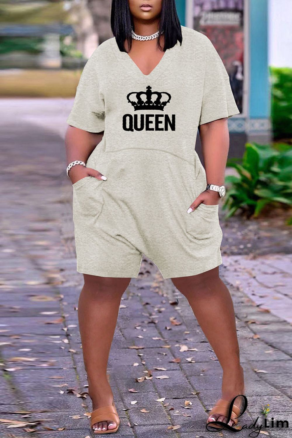 Light Gray Casual Print Split Joint Pocket V Neck Loose Jumpsuits