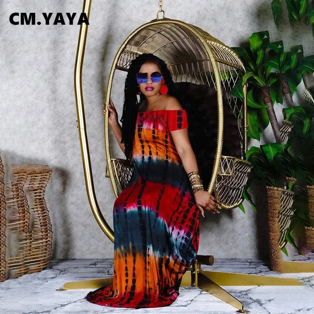 CM.YAYA Colorful Tie Dye Print Off Shoulder Women's Maxi Dress Streetwear Fashion with Pocket Loose Floort Length Long Dresses