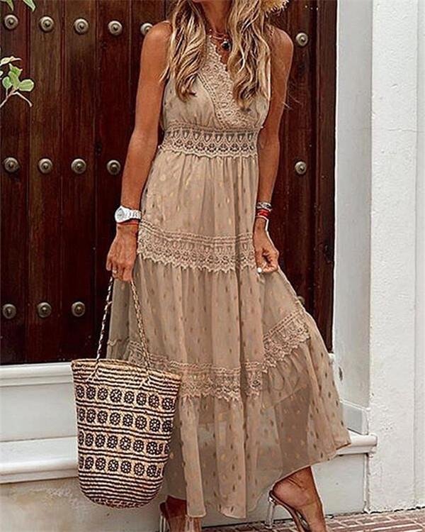 Sleeveless Lace A-line Casual/Vacation Maxi Dresses - Chicaggo