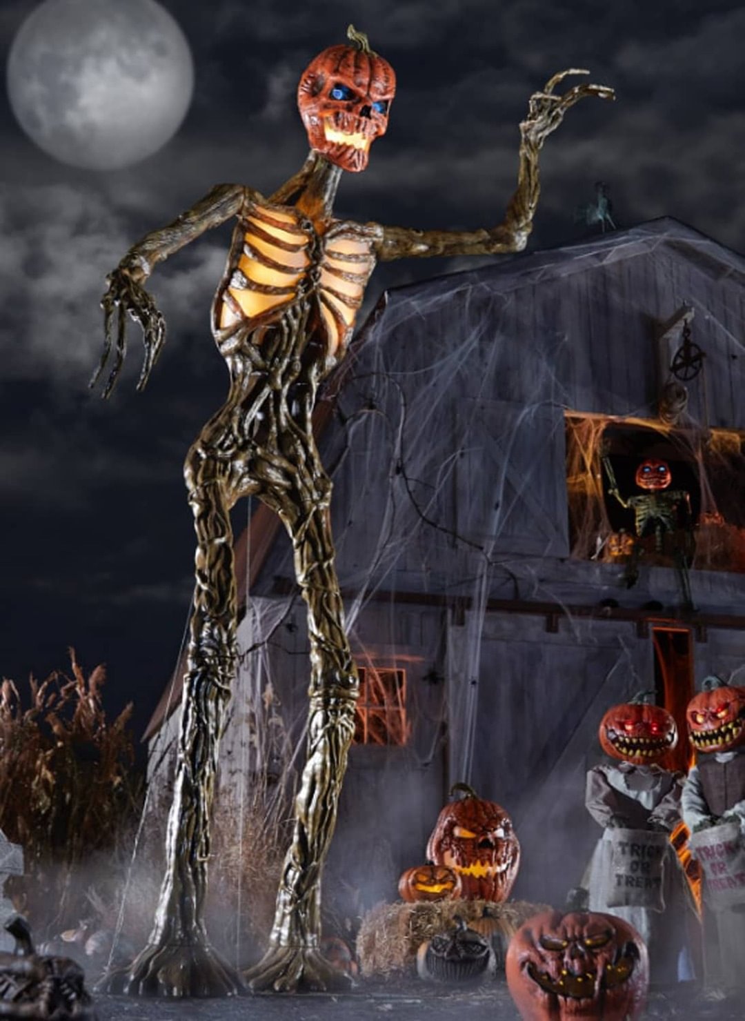 Terrifying 12 Foot Tall Giant Inferno Pumpkin Skeleton With Animated