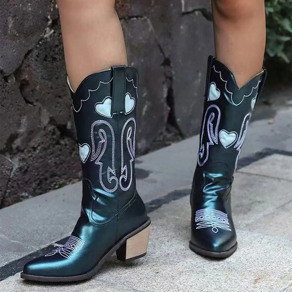 Green Snip Toe Mid Calf Embroidered Pull On Women's Western Boots