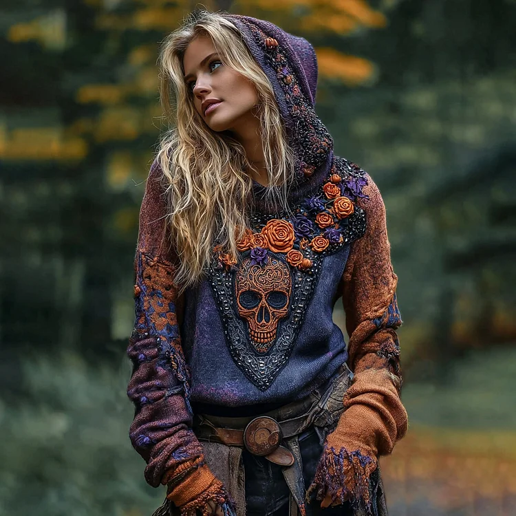 Rose Skull Gothic Color-block Hooded Sweater