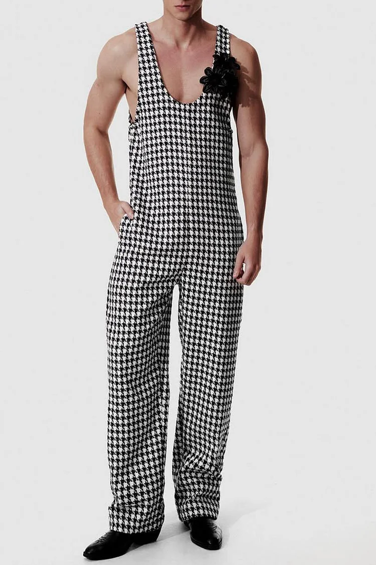 Men's Houndstooth Print Scoop Neck Straight Leg Jumpsuit [Pre-Order]