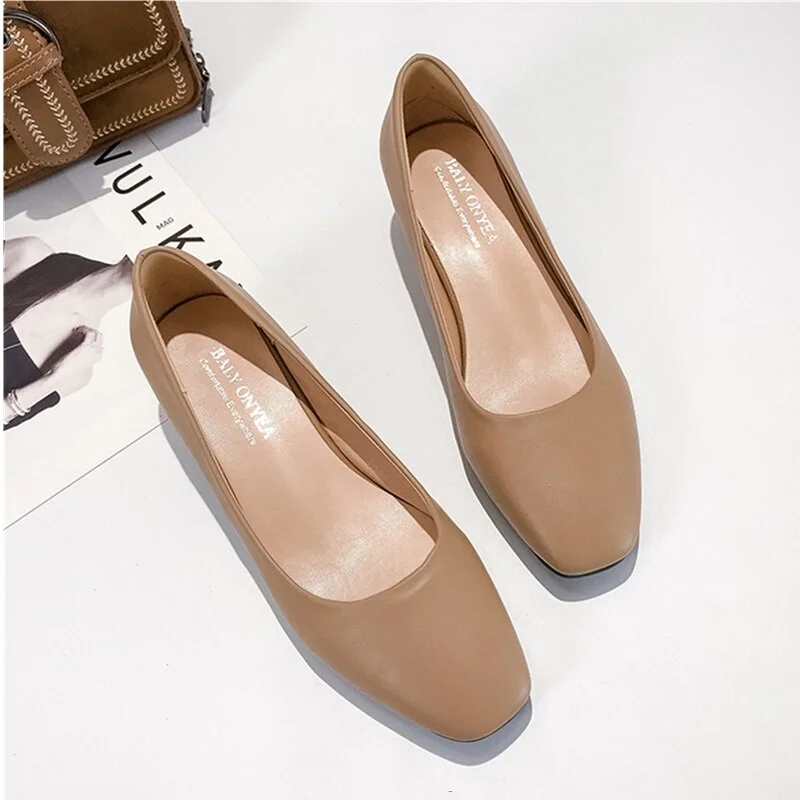 Women Loafers Simple PU Leather Slip-on Shoes Round Toe Mid Heel Ladies Party Student Shoes Pumps Moccasins chaussures femme