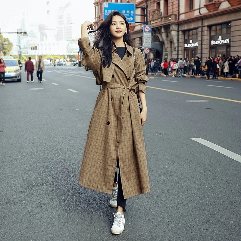 Women Trench Coat Plaid Long Double-Breasted Duster Coat for Lady Oversize Loose Outerwear Spring Fall Clothes