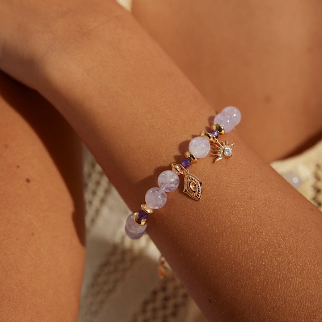 Moon Sun Amethyst Gold Plated Beaded Bracelet