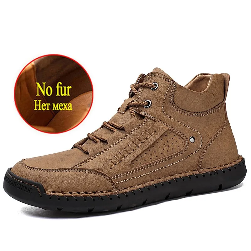 Winter Men's Boots Soft Leather Men's Snow Boots Plush Warm Men's Ankle Boots Handmade Leather Men's Motorcycle Boots Work Shoes
