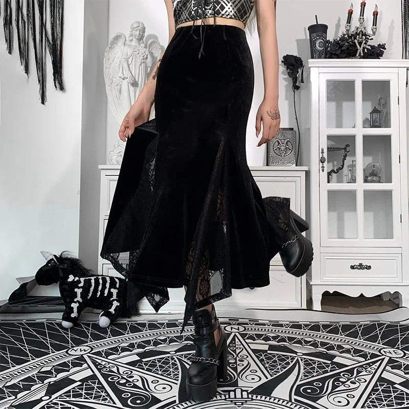 InsGoth Goth Vintage Black Long Skirt Aesthetic Elegant Lace Patchwork Velvet Skirt Gothic Sexy Hight Wait Slit Party Skirt