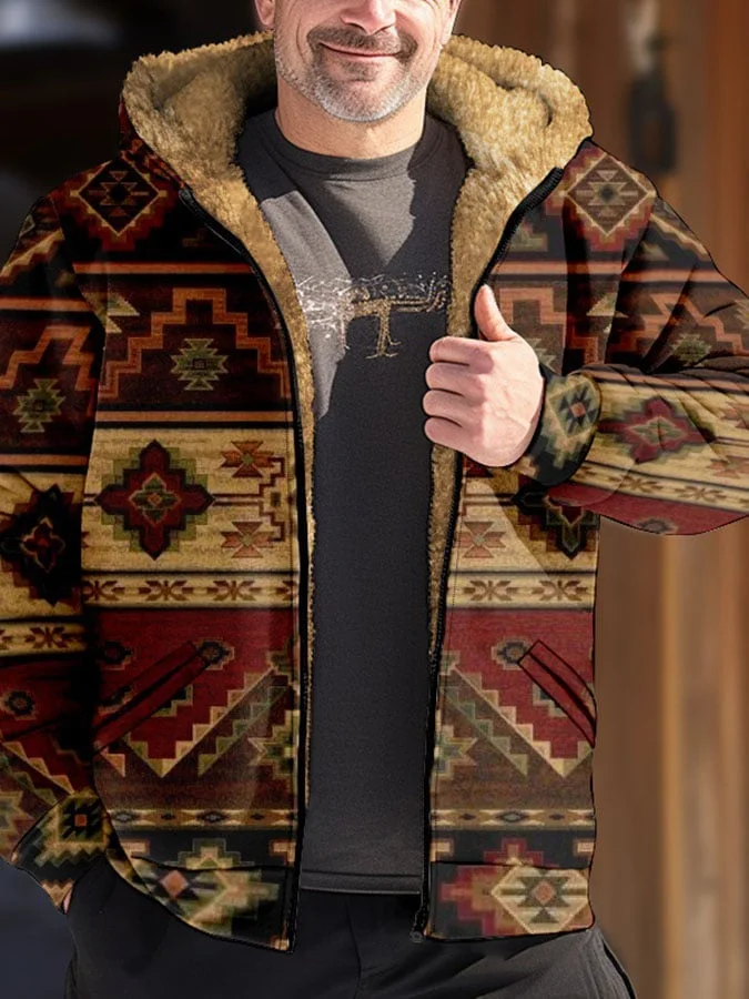 Men's Vintage Fashion Tribal Print Zip Up Fleece Hooded Jacket