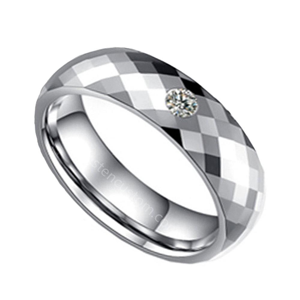 Silver Tone Multi Faceted Couples Tungsten Wedding Rings With Cubic Zirconia