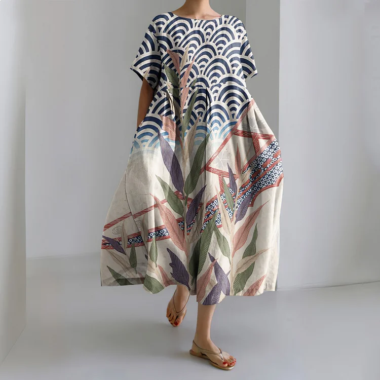 Comstylish Japanese Art Print Round Neck Short Sleeve Midi Dress