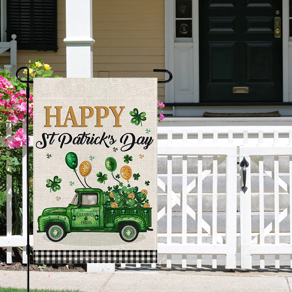 St. Patrick S Day Green Car Diamond Painting Garden Flag for Garden Patio Yard