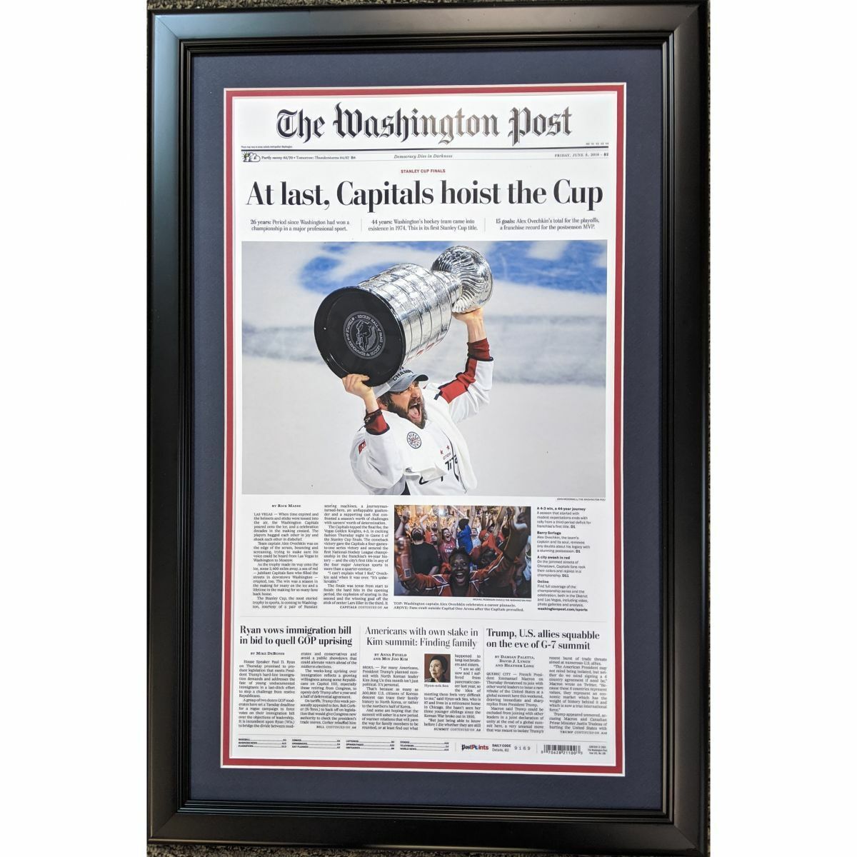 Framed Washington Post At Last Capitals 2018 Stanley Cup Newspaper 17x27 Photo Poster painting