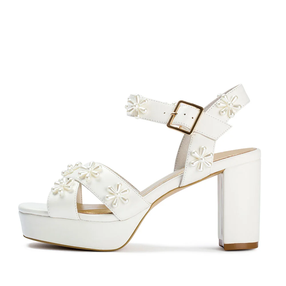 Elegant Ivory Pearl Flower Bridal Shoes Ankle Strap Platform Sandals Nicepairs