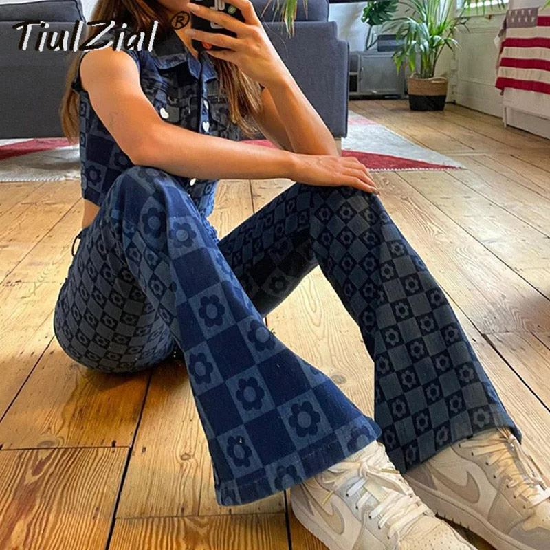Y2K E Girl Print Floral High Waist Flare Pants Women Summer Long Trousers Summer Sweatpants Capris Pant Bottom 2022