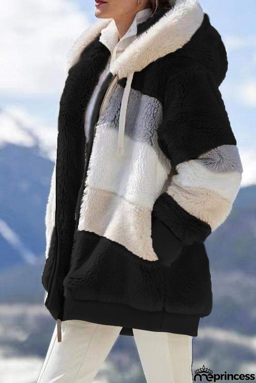Colorblock Zip Up Sherpa Coat with Hooded