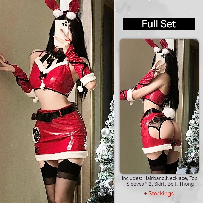 [Wetrose] In Stock Christmas Bunny Cosplay Costume Patent Leather Latex Suit Erotic Santa Elf Crotchless Sexy Girl Lingerie