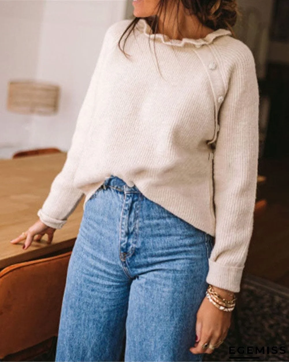 Long Sleeve Button Decor Ruffle Collar Sweater | EGEMISS