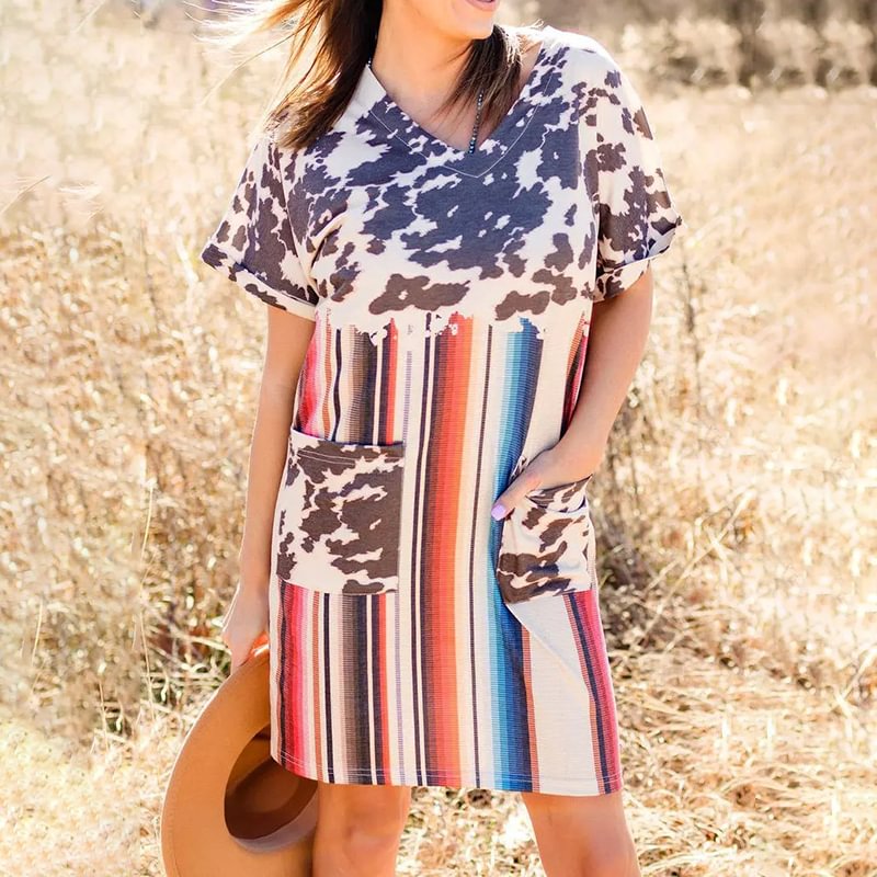 Leopard-Paneled Striped V-Neck Mini Dress
