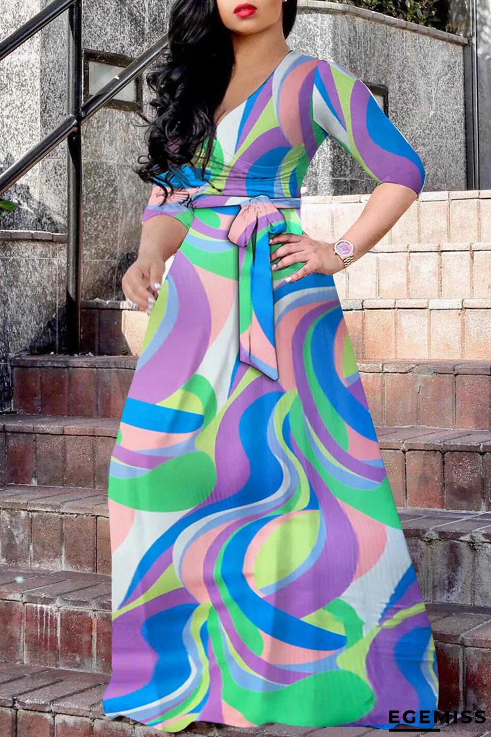 Blue Fashion Casual Print Bandage V Neck Long Dress | EGEMISS