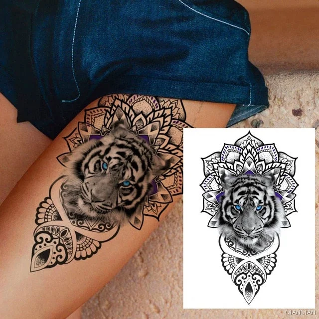 Large Tiger Lion Black Flower Fake Tattoo Sticker For Women Rose Fox BirdTemporary Tattoos DIY 3D Water Transfer Tatoos Girl Man