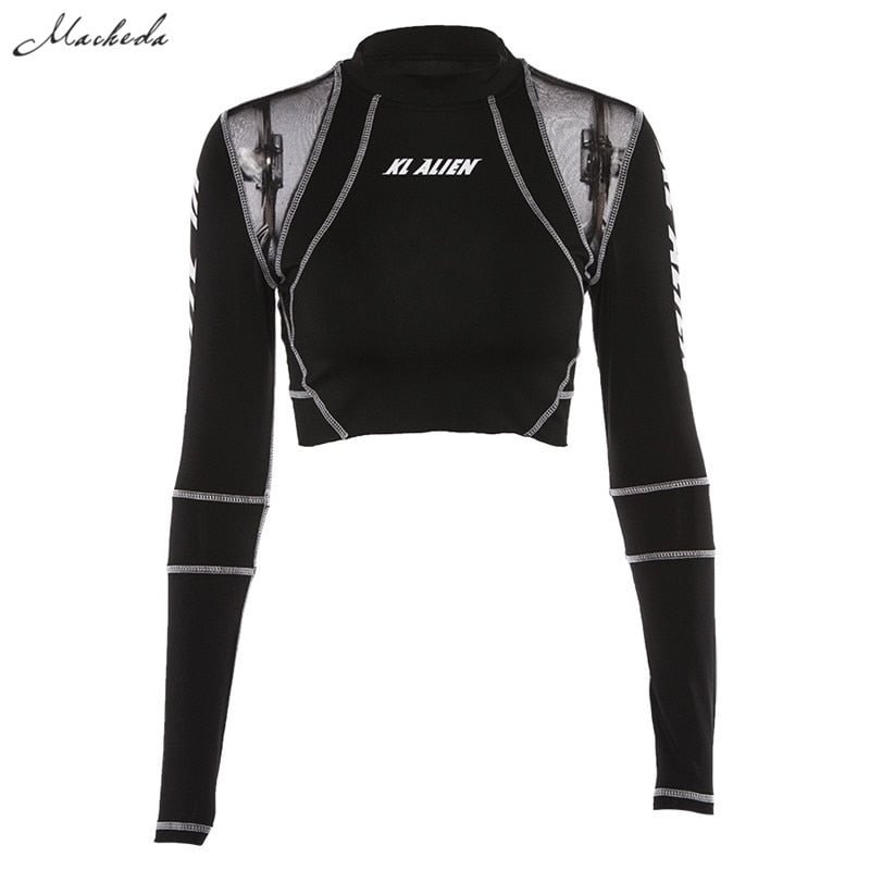Macheda Sexy T Shirt Women O-Neck Long Sleeve Mesh Patchwork Casual Slim Crop Tops Letter Printing Shirt Skinny Short Top