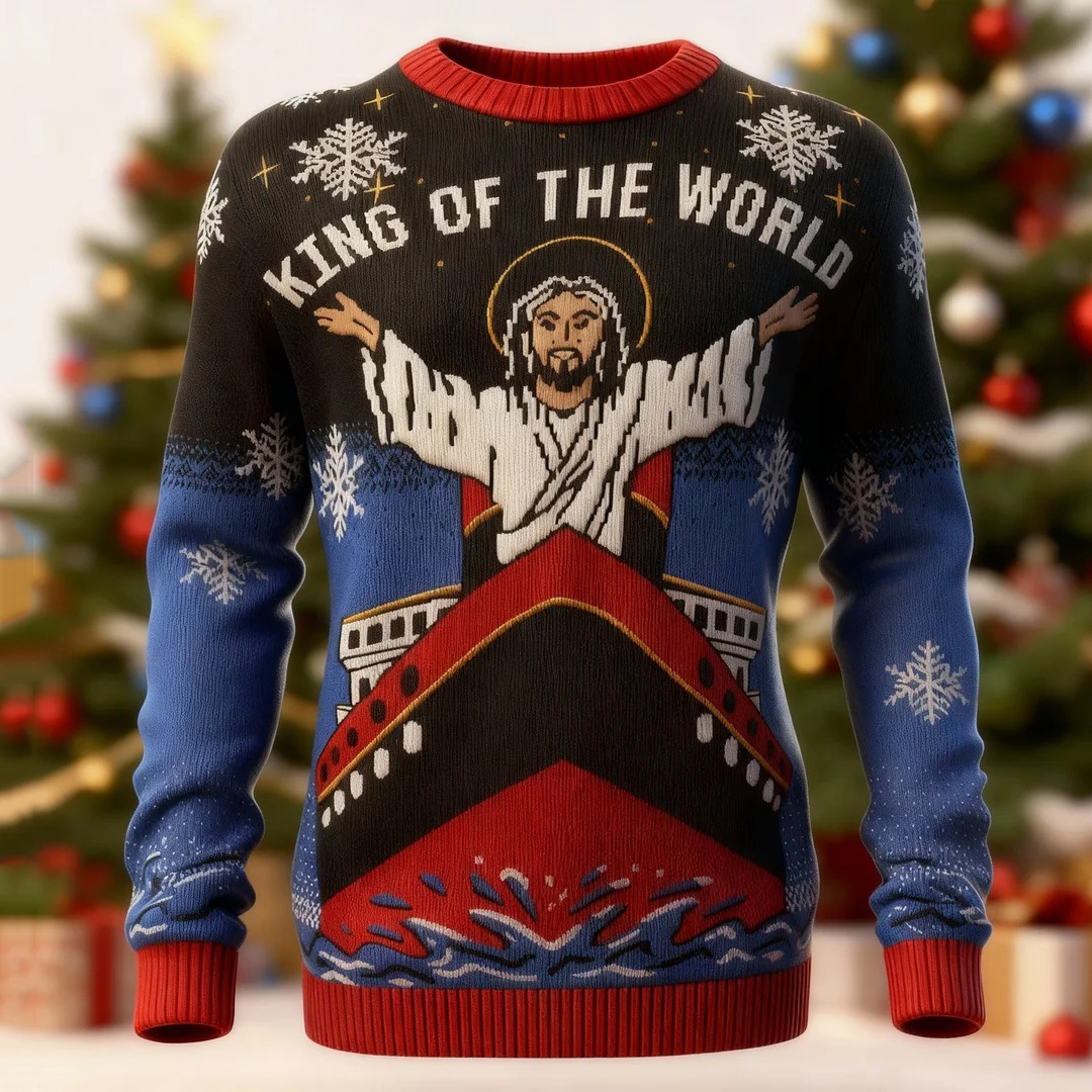 King Of The World Christmas Pattern Casual Knit Sweater wearshes