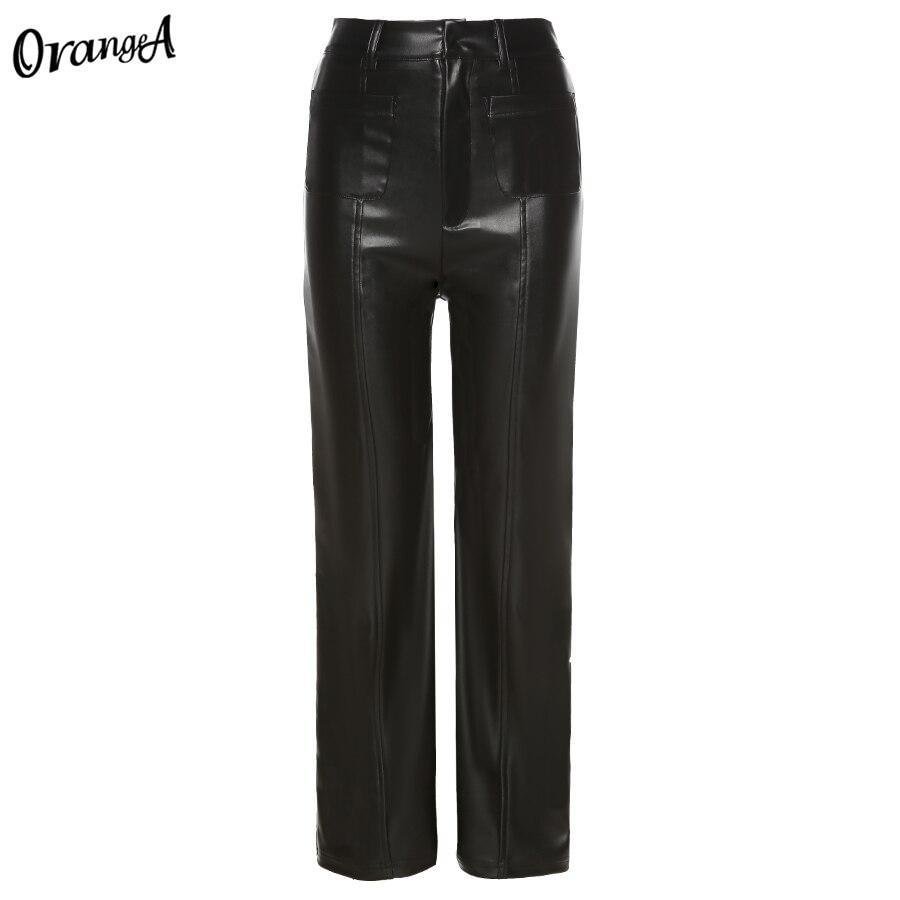 OrangeA Y2K Fashion Women Summer Faux Leather Straight Pants Luxurious Vintage Leisure PU Loose Office Lady Slim Design Trousers 1113-1