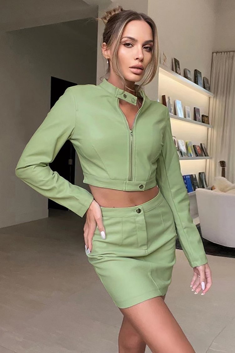 PU Leather Zipper Crop Jacket Two-Piece Mini Skirt Set