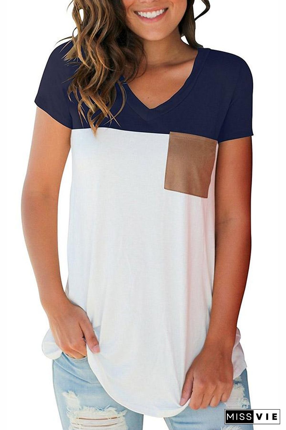 Mixed Color Pocket V Neck Top