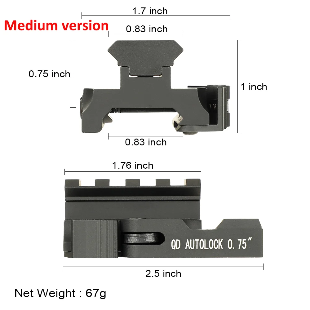 ohhunt® New Quick Release QD 20mm Picatinny Rail Adapter Height 0.5 0.75 0.83 inch 4 Slots Red Dot Sight Riser Mount 