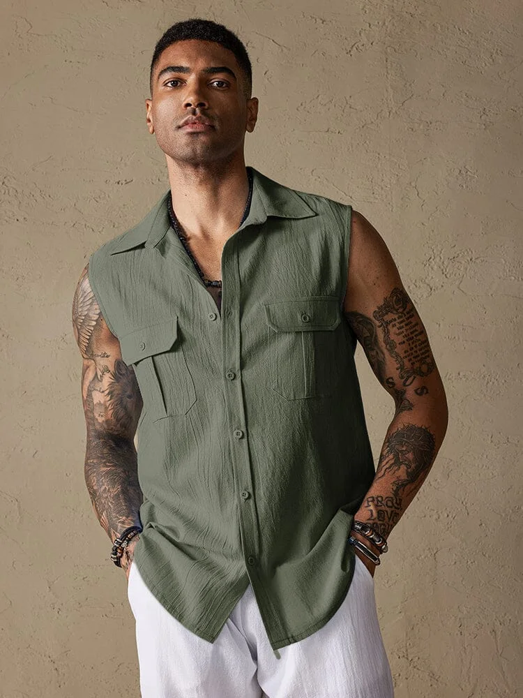Cotton Linen Sleeveless Button Shirt with Pockets QueenFunky