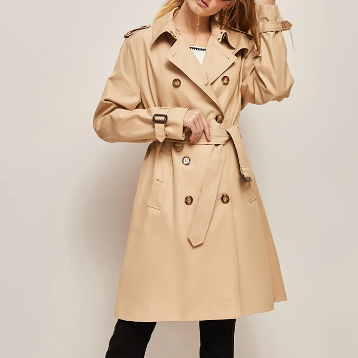Mid-length trench coat women's classic double breasted waisted jacket VOCOSI VOCOSI