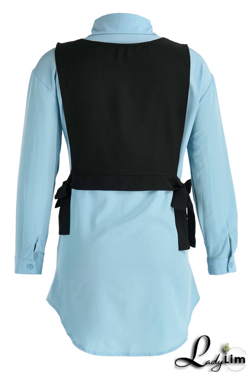 Light Blue Casual Simplicity Solid Patchwork Buckle Turndown Collar Long Sleeve Two Pieces