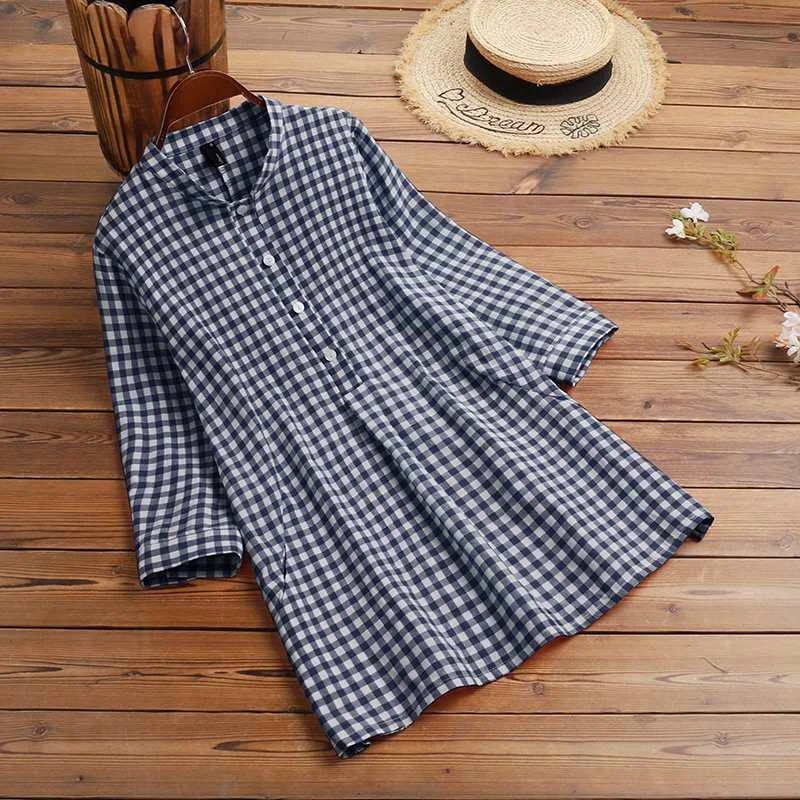 Autumn Bohemian Long Sleeve Tops ZANZEA Spring Women Plaid Printed Blouse Elegant 3/4 Sleeve Blusas OL Work Shirt Chemise Blusas