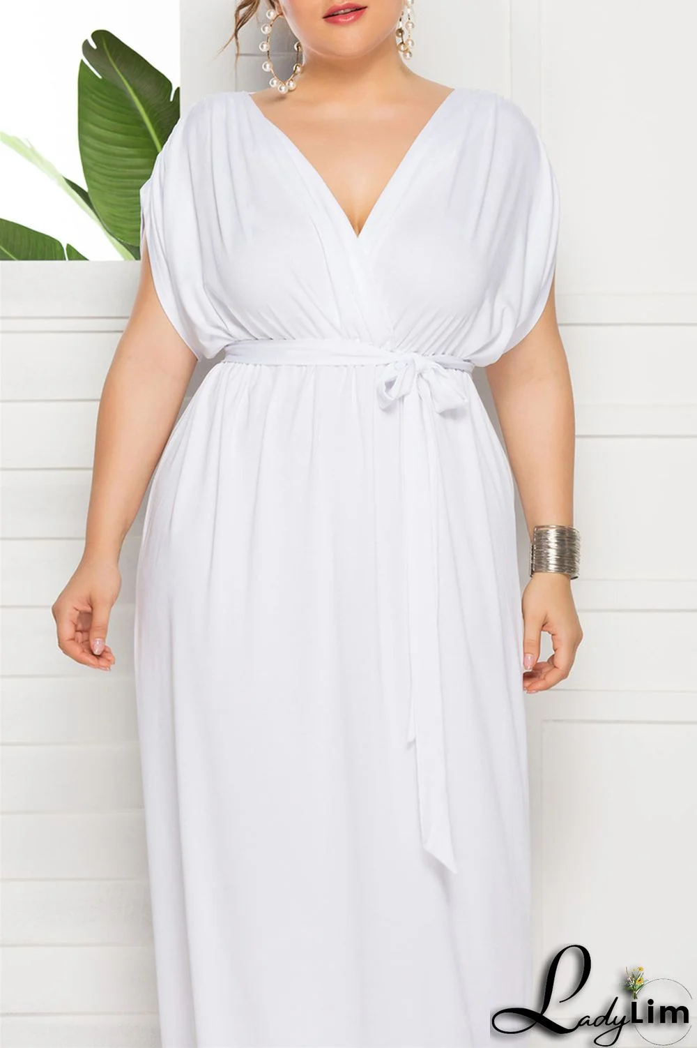 Burgundy Fashion Casual Plus Size Solid Split Joint V Neck Long Dress