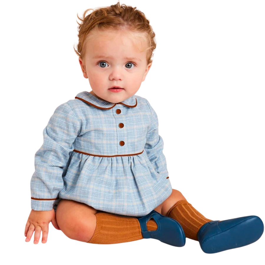 The Madison Vintage Spanish Plaid Baby Bubble Romper with Peter Pan Collar 