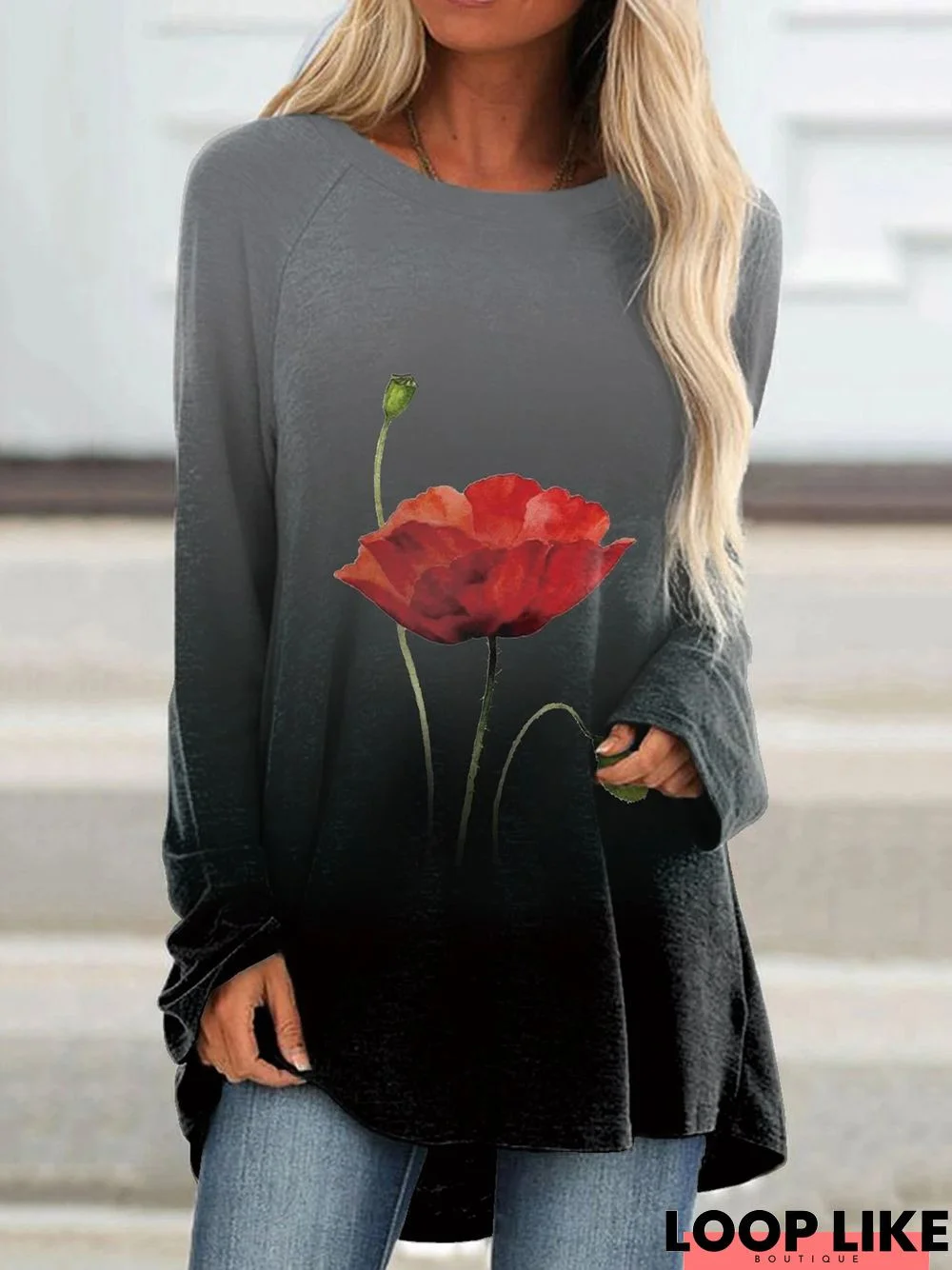 Black Floral Ombre/Tie-Dye Printed Casual Long Sleeve Round Neck Shift Tunic T-Shirt