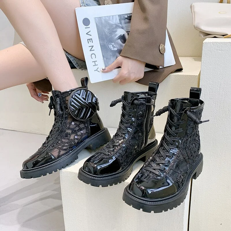 Spring Autumn New Coin Purse Designer Women Ankle Boots Leisure Black PU Mid Heel Ladies Shoes Open Zipper Chain Women Boots