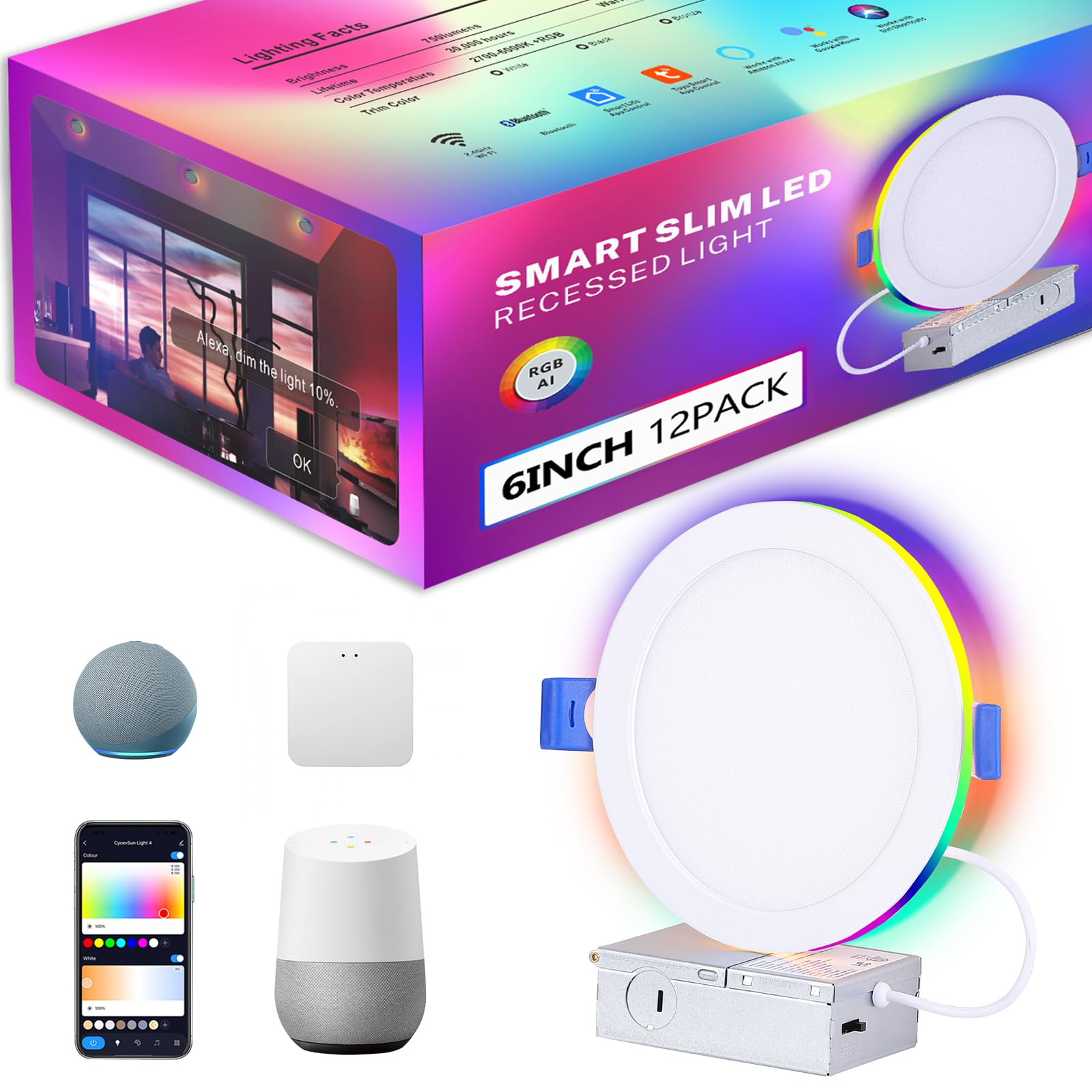 12Pack Smart Recessed Lighting 6 Inch with RGB Color 