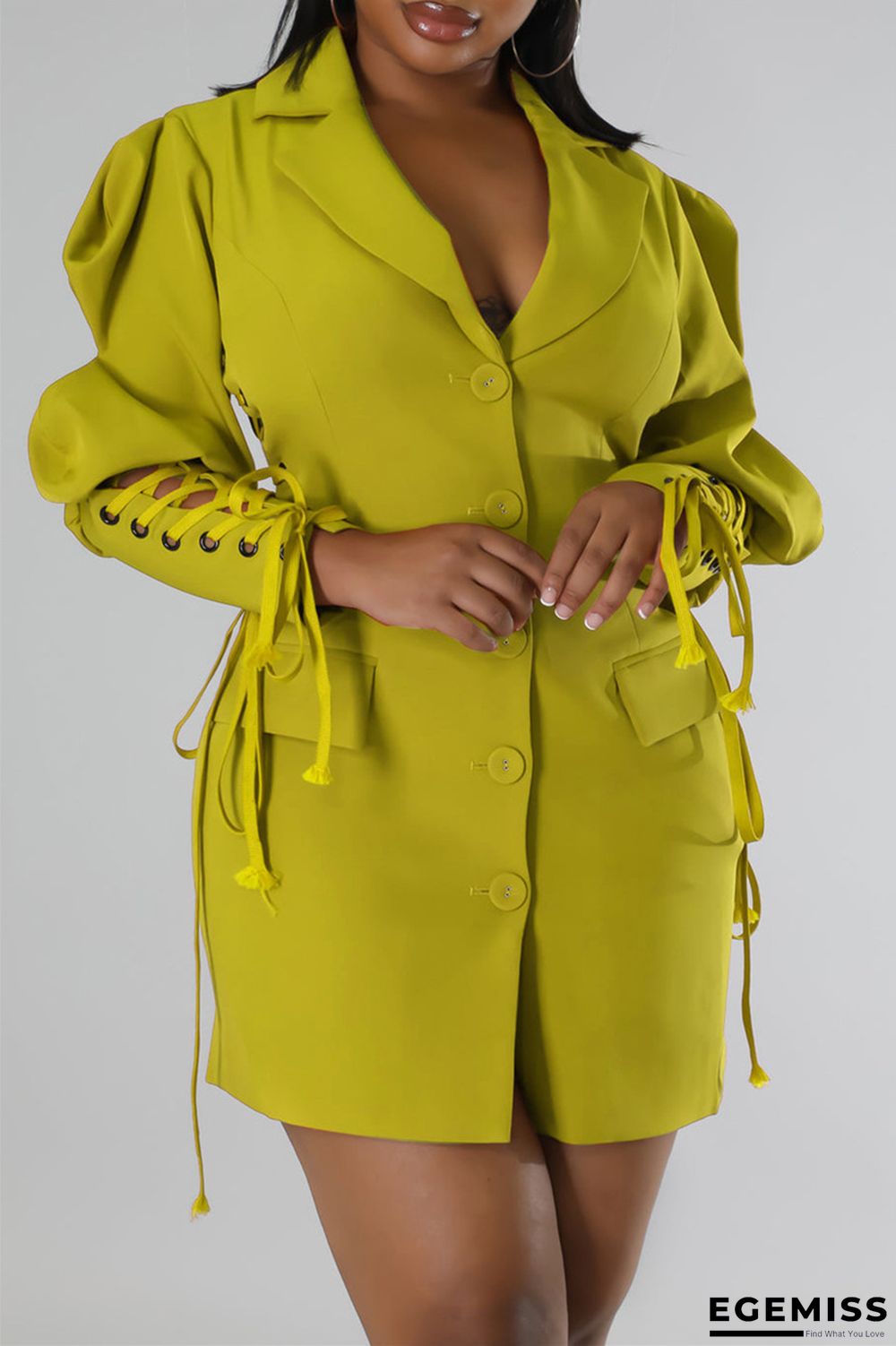 Yellow Casual Solid Patchwork Turndown Collar Long Sleeve Dresses | EGEMISS