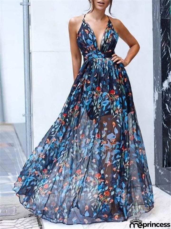 Flowing Floral Printed Fitted Waist Backless A Line Dress for Prom