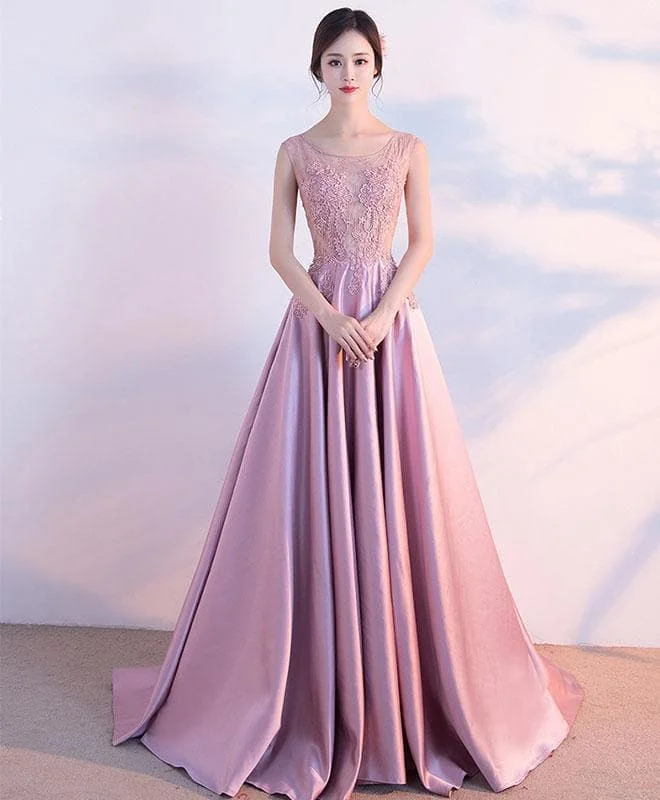 Beautiful Pink Lace Satin Long Prom Dress, Pink Evening Dress