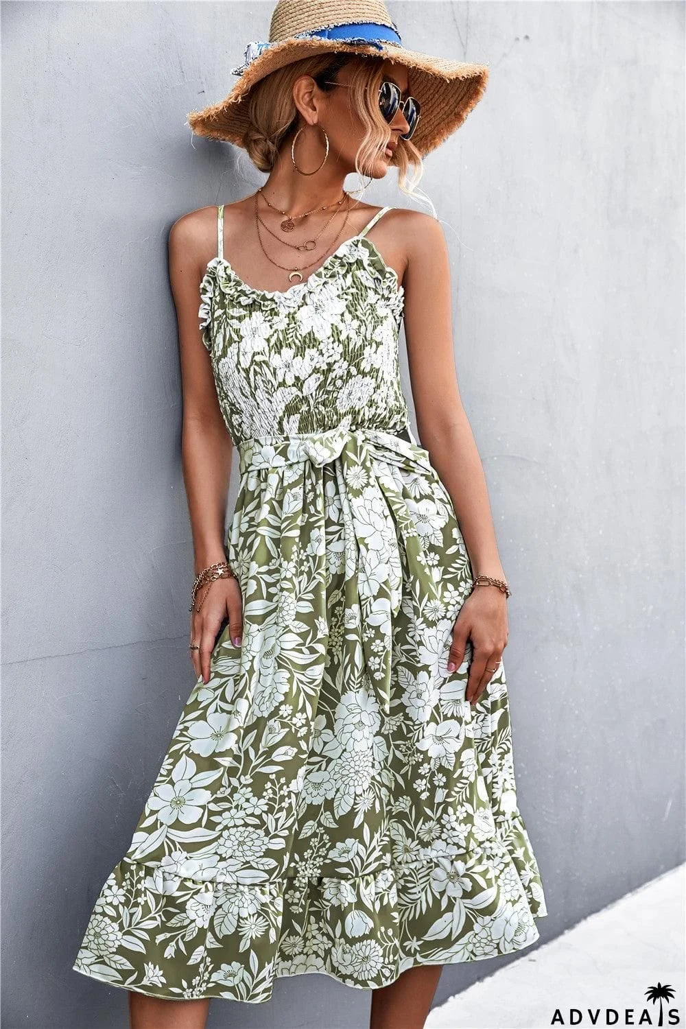 Floral Frill Trim Scoop Neck Spaghetti Strap Dress