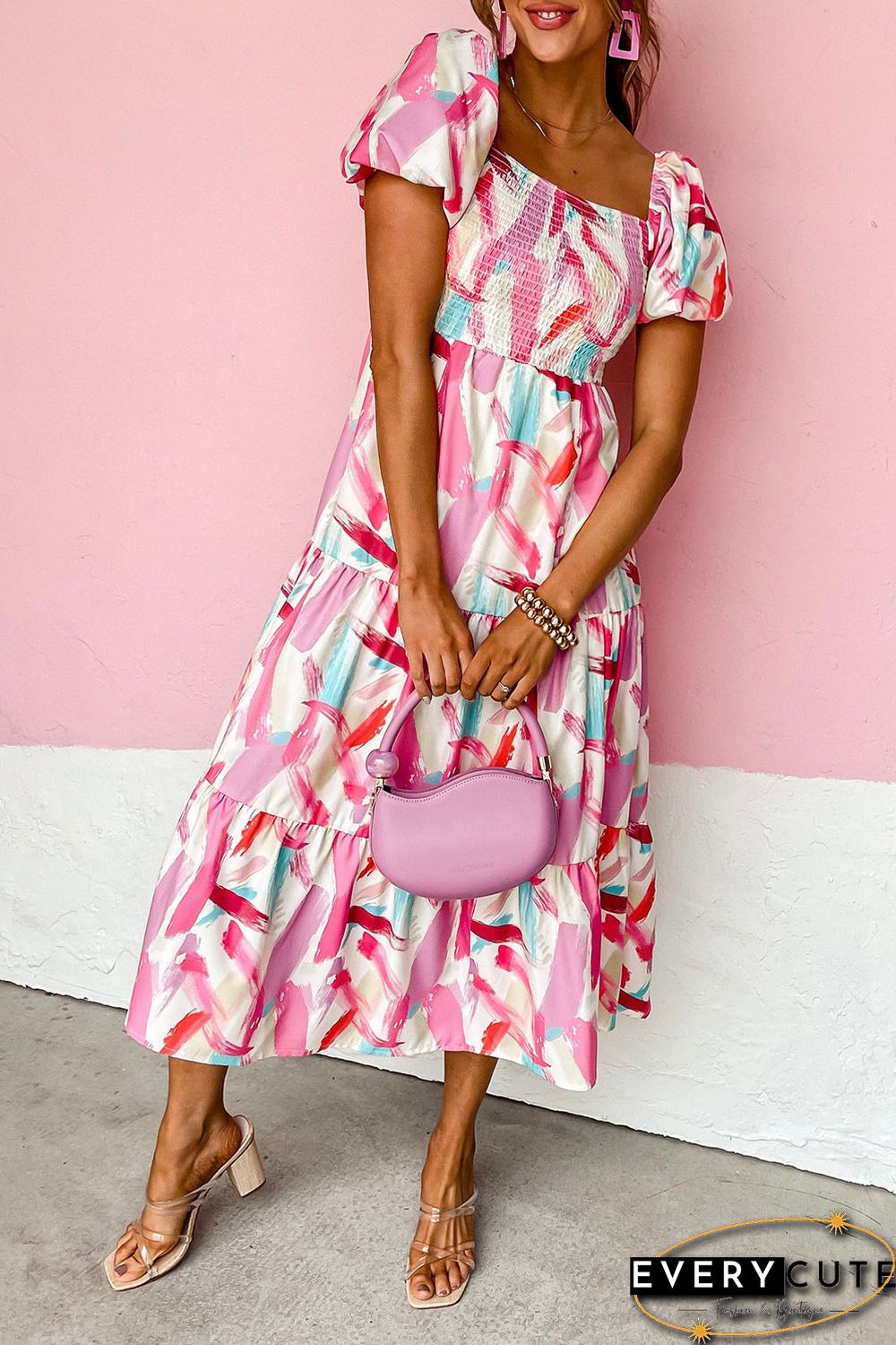 Pink Brush Stroke Printed Smocked Ruffle Tiered Dress