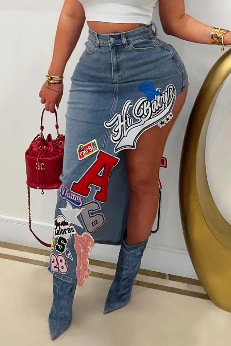 Letter Patch High Slit Washed Denim Slim-Fit Midi Skirt-Blue