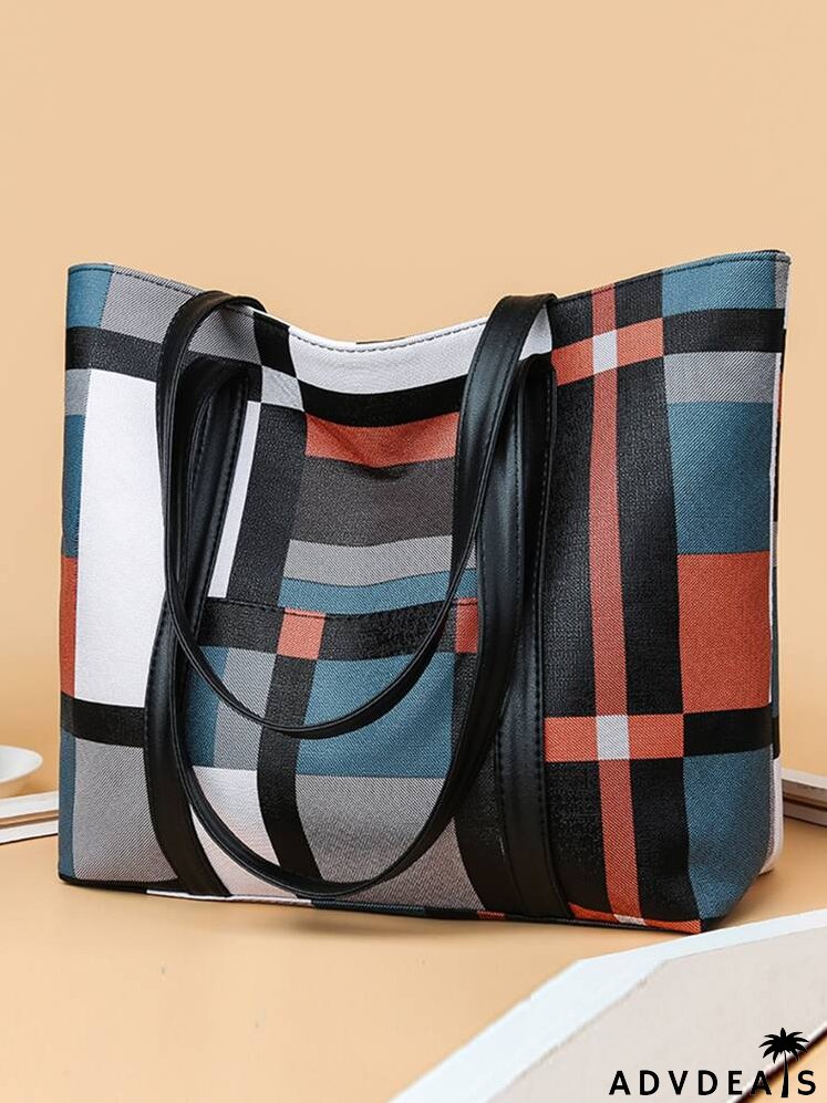 Geometric Pattern Color Block Shoulder Tote Bag